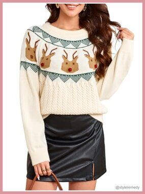 Funny Reindeer Knit Christmas Sweater Crewneck Pullover Holiday Party